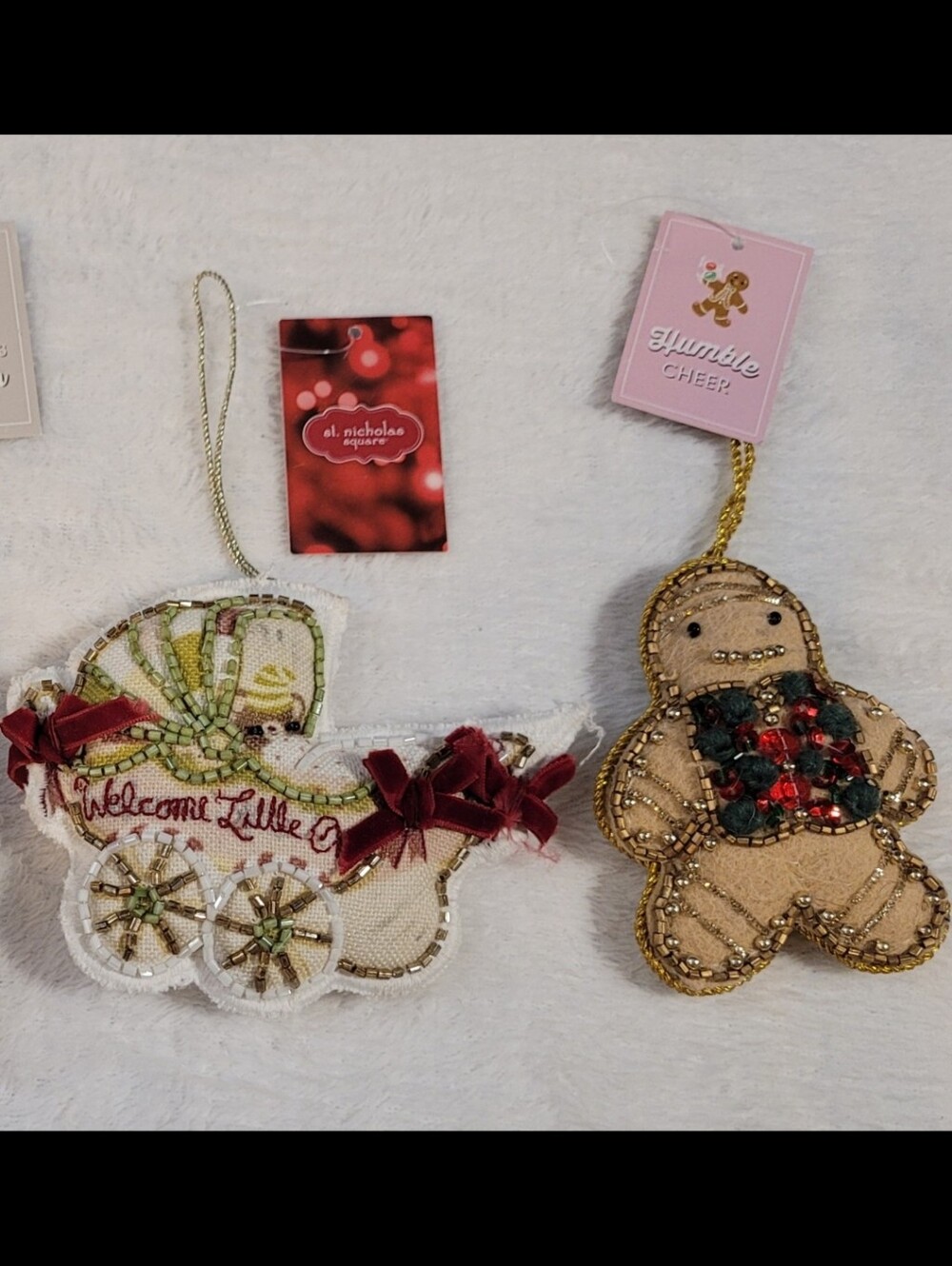 Beaded Gingerbread Man And Baby Carriage Ornament with Red Velvet Bows